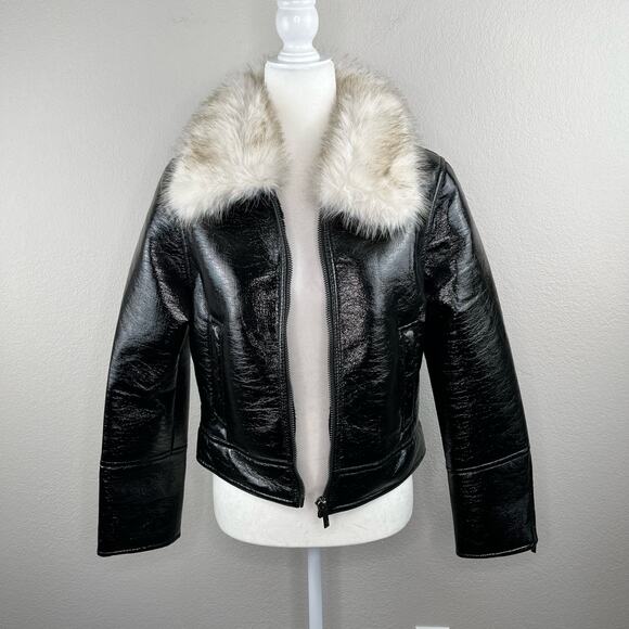 Revolve Unreal Fur Wet Look Aviator Biker Jacket Faux Leather/Fur Black L NWT - Picture 5 of 16
